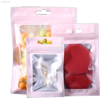 100 шт. Zip Lock Матовая алюминиевая фольга Розовая сумка Прозрачная пластиковая вешалка Отверстие для разрыва выемки Продукты хранения Пакеты для конфет Чай Кофе Зерна