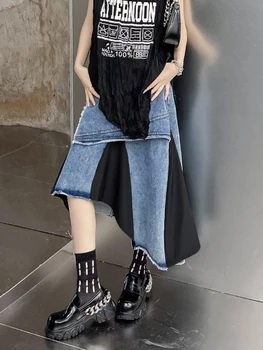 230864 Высокая эластичная талия Черный джинсовый колор-блок Нерегулярная юбка для половины тела Женщины Мода Прилив Новая Весна Осень 2023