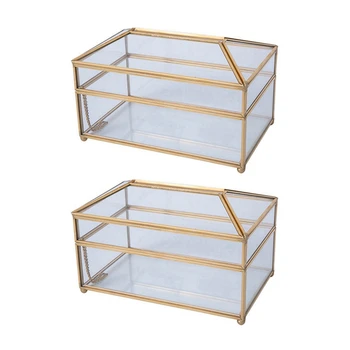 2X Практичная коробка для зеркал из золотого стекла Изысканная стеклянная коробка для хранения салфеток для макияжа Элегантный подарок