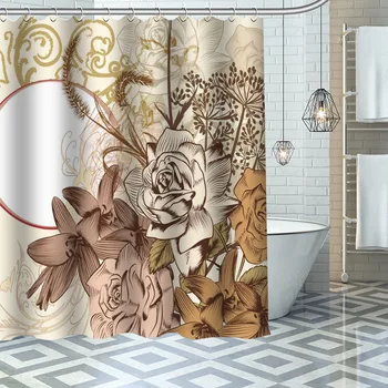 3D-печать Винтажный цветочный занавес для душа Искусство Листья Птица Узор Ткань Водонепроницаемый полиэстер Аксессуар для ванной комнаты Занавеска для ванны