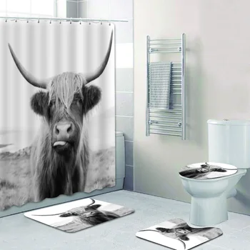 3D Черно-белая занавеска для душа Highland Cow Занавеска для ванной комнаты и коврик для ванны Набор для туалета Ванна Дикая Жизнь Животное Домашний Декор