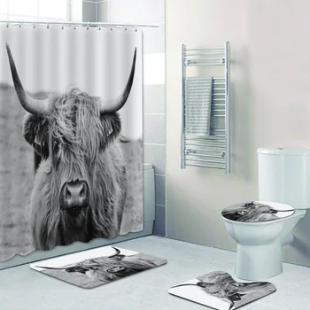 3D Черно-белая занавеска для душа Highland Cow Занавеска для ванной комнаты и коврик для ванны Набор для туалета Ванна Дикая Жизнь Животное Домашний Декор Изображение 1
