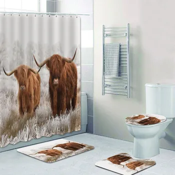 3D Черно-белая занавеска для душа Highland Cow Занавеска для ванной комнаты и коврик для ванны Набор для туалета Ванна Дикая Жизнь Животное Домашний Декор Изображение 2