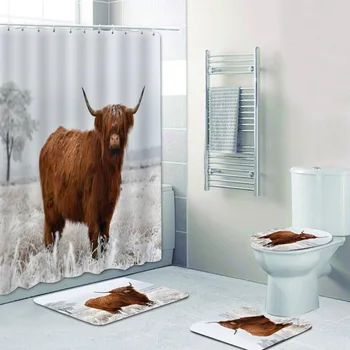 3D Черно-белая занавеска для душа Highland Cow Занавеска для ванной комнаты и коврик для ванны Набор для туалета Ванна Дикая Жизнь Животное Домашний Декор Изображение 3