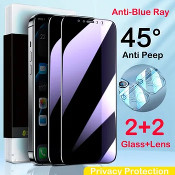 4in1 [2Glass+2Len ] Фиолетовый Свет Антишпион Синий Луч Защита Конфиденциальности Пленка Из Закаленного Стекла Для iPhone 15 14 13 12 Pro Max 15 Plus Изображение 0