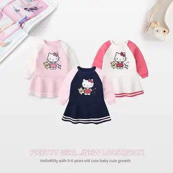 Kawaii Sanrio Hello Kitty Girls Plus Бархатное платье Платье принцессы Мультфильм Аниме Детская толстовка Осень-зима Детская одежда