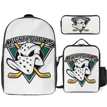 Mighty Ducks Хоккей 10 3 в 1 Набор 17-дюймовый рюкзак для обеда Сумка для ручек Сумка для пикников Винтаж Прочный пенал Удобный Изображение 0