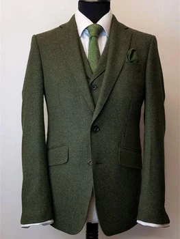 NEW Модные мужские твидовые костюмы Высококачественный твидовый костюм Темно-зеленые однобортные костюмы для мужчин Индивидуальный мужской костюм 3 шт. Slim