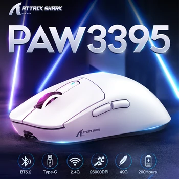 Paw3395 Оптический датчик Легкая киберспортивная мышь Низкая задержка Высокоскоростное отслеживание Беспроводная игровая мышь До 26000DPI 3-режимная мышь