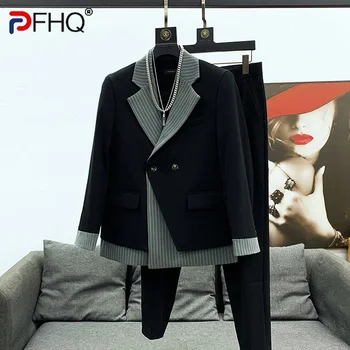 PFHQ 2023 Корейский элегантный блейзер Дизайн Модные мужские костюмы Полосатый лоскутный воротник Куртки Брюки Набор Стильная одежда высокого качества
