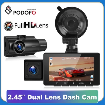 Podofo Full HD ADAS Видеорегистратор с 2,45-дюймовым экраном Автомобильный видеорегистратор с двумя объективами Камера в автомобиле Камера HDR Парковочный монитор 24 часа Видеорегистратор