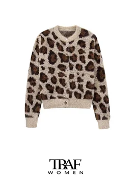 TRAF-Женский леопардовый жаккардовый трикотажный кардиган-свитер из искусственного меха, длинный рукав, на пуговицах, женская верхняя одежда, шикарные топы, мода