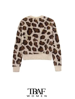 TRAF-Женский леопардовый жаккардовый трикотажный кардиган-свитер из искусственного меха, длинный рукав, на пуговицах, женская верхняя одежда, шикарные топы, мода Изображение 1