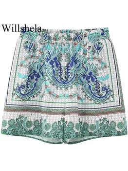 Willshela Женщины Модные плиссированные мини-юбки с принтом Шорты Винтаж Высокая эластичная талия Женские шикарные женские шорты Изображение 0