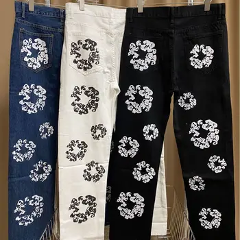  Американские джинсы с цветочным принтом Мужские прямые брюки Y2K Harajuku Свободные спортивные брюки Женские повседневные брюки с высокой талией