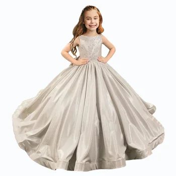 атласные платья для девочек с носом лодочка вырез с открытой спиной принцесса конкурсное платье из бисера аппликация дети свадебное платье 2-14 лет