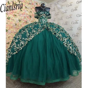 Блестящее платье Quinceanera Цветочная аппликация с плеча Платье принцессы Кружево Sweet 15 Party Dress vestidos Изображение 0