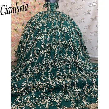 Блестящее платье Quinceanera Цветочная аппликация с плеча Платье принцессы Кружево Sweet 15 Party Dress vestidos Изображение 1