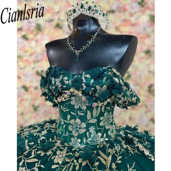 Блестящее платье Quinceanera Цветочная аппликация с плеча Платье принцессы Кружево Sweet 15 Party Dress vestidos Изображение 2