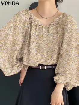 Богемная блузка с длинным рукавом-фонариком VONDA Женские рубашки с цветочным принтом 2023 Мода Летние топы с круглым вырезом Повседневные Blusas Мешковатые