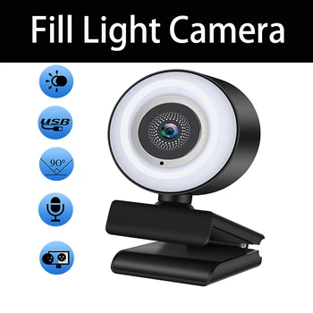 Веб-камера 1080P Мини-камера Веб-камера Full HD с микрофоном Ring Fill Light USB Прямая трансляция для Youtube PC Ноутбук Видеосъемка Изображение 0