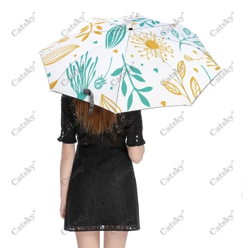 Винтаж Листья Векторный зонтик Дождь Женщины 3-складной полностью автоматический зонтик Защита от солнца На открытом воздухе Инструмент для путешествий Parapluie