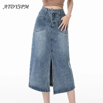 Женские повседневные джинсовые юбки Юбка А-силуэта с высокой талией Джинсы миди с карманами Изображение 0