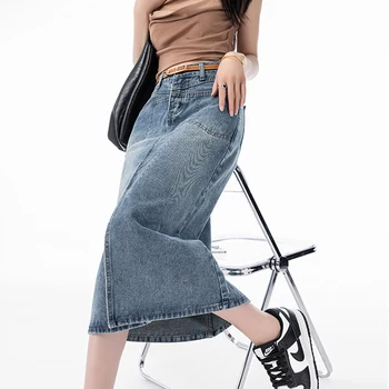 Женские повседневные джинсовые юбки Юбка А-силуэта с высокой талией Джинсы миди с карманами Изображение 3