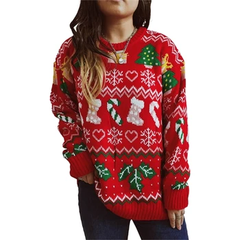 Женский рождественский свитер со снежинкой с рисунком повседневный свитер оверсайз джемпер топы