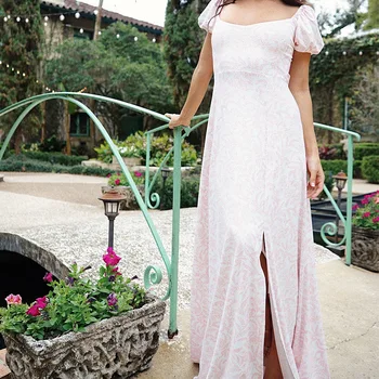 Женское платье полной длины с цветочным пузырьковым рукавом Обтягивающее платье с раздельным слингом Приталенный крой с глубоким вырезом 2023 летнее платье-футляр