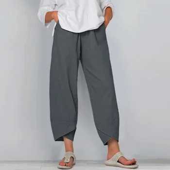 Женщины хлопок и лен эластичные брюки на талии с карманом свободные шаровары чистый цвет укороченные брюки простые повседневные супер удобные брюки Изображение 0