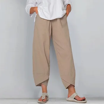 Женщины хлопок и лен эластичные брюки на талии с карманом свободные шаровары чистый цвет укороченные брюки простые повседневные супер удобные брюки Изображение 1