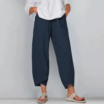Женщины хлопок и лен эластичные брюки на талии с карманом свободные шаровары чистый цвет укороченные брюки простые повседневные супер удобные брюки Изображение 2