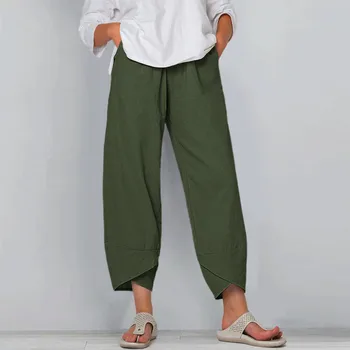 Женщины хлопок и лен эластичные брюки на талии с карманом свободные шаровары чистый цвет укороченные брюки простые повседневные супер удобные брюки Изображение 3