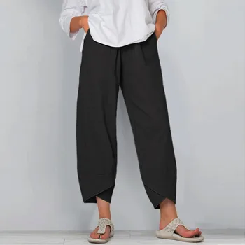Женщины хлопок и лен эластичные брюки на талии с карманом свободные шаровары чистый цвет укороченные брюки простые повседневные супер удобные брюки Изображение 4