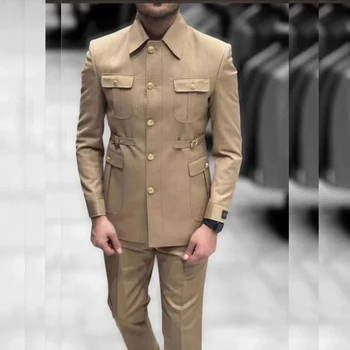  Индивидуальные мужские костюмы Однотонный однобортный лацкан Элегантный блейзер обычной длины Сафари Стиль 2 шт. Куртка Брюки