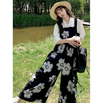 Комбинезоны для женщин Harajuku Корейский стиль Прямые брюки с цветочным принтом Цельные наряды Женские комбинезоны Повседневные винтажные комбинезоны