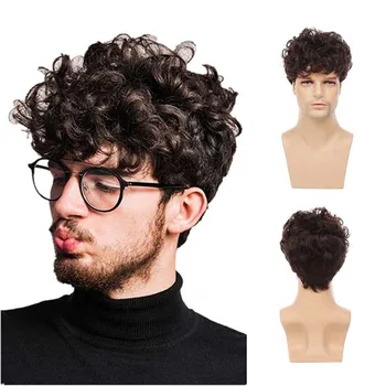 Мужские парики Короткий коричневый синтетический парик с челкой Кудрявые искусственные волосы для мужчин Хэллоуин Костюм Косплей Натуральный парик