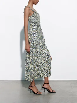 Новое летнее женское французское модное темпераментное сотовое сетчатое эластичное широкое плечевое платье с льняным принтом Изображение 3