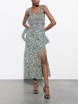 Новое летнее женское французское модное темпераментное сотовое сетчатое эластичное широкое плечевое платье с льняным принтом Изображение 4