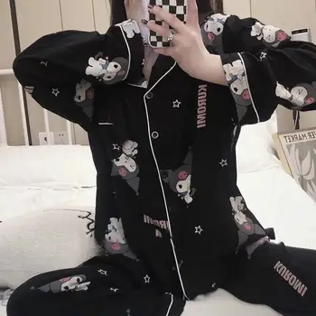 Новый Kawaii Cute Sanrio Kuromi Пижама Домашняя одежда Брюки с длинными рукавами Кардиган Костюм Свободный удобный рождественский подарок для девочки Изображение 3