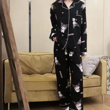 Новый Kawaii Cute Sanrio Kuromi Пижама Домашняя одежда Брюки с длинными рукавами Кардиган Костюм Свободный удобный рождественский подарок для девочки Изображение 4