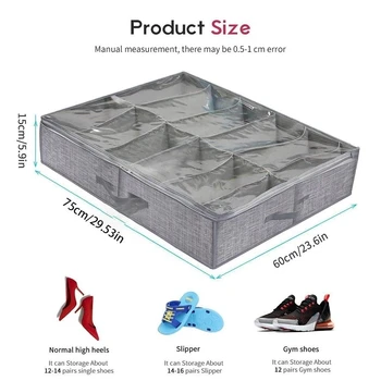 Органайзер для обуви под кроватью, вмещает 12 пар обуви, органайзер для упаковки обуви с прозрачным окошком, дышащий, складной Изображение 1