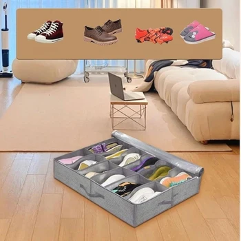Органайзер для обуви под кроватью, вмещает 12 пар обуви, органайзер для упаковки обуви с прозрачным окошком, дышащий, складной Изображение 2