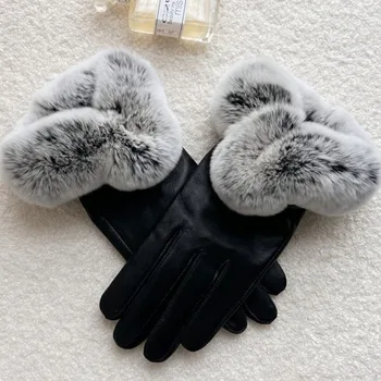 Перчатки из натуральной овчины для женщин Зима Утолщенное тепло Натуральная выдра Кролик Мех Украшение Роскошные пушистые меховые перчатки