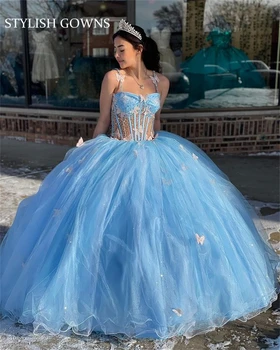 принцесса небесно-голубая возлюбленная бальное платье quinceanera платья для девочек бисер знаменитости вечерние платья 3D цветы выпускной бант жилет Изображение 0