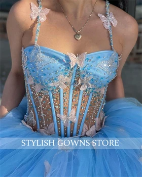 принцесса небесно-голубая возлюбленная бальное платье quinceanera платья для девочек бисер знаменитости вечерние платья 3D цветы выпускной бант жилет Изображение 2