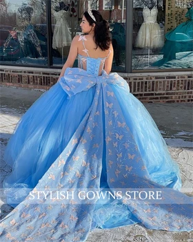 принцесса небесно-голубая возлюбленная бальное платье quinceanera платья для девочек бисер знаменитости вечерние платья 3D цветы выпускной бант жилет Изображение 3