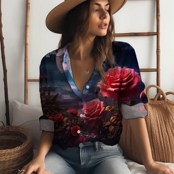  Роза 3D-печать Рубашки Осенняя уличная мода Рубашка с длинным рукавом Свободные повседневные рубашки Одежда Женская рубашка большого размера Изображение 1