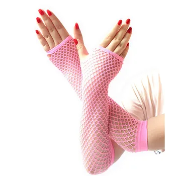Розовые фиолетово-зеленые нейлоновые ажурные перчатки без пальцев для вечеринок 80-х годов и аксессуаров для костюмов (длинные) Изображение 4